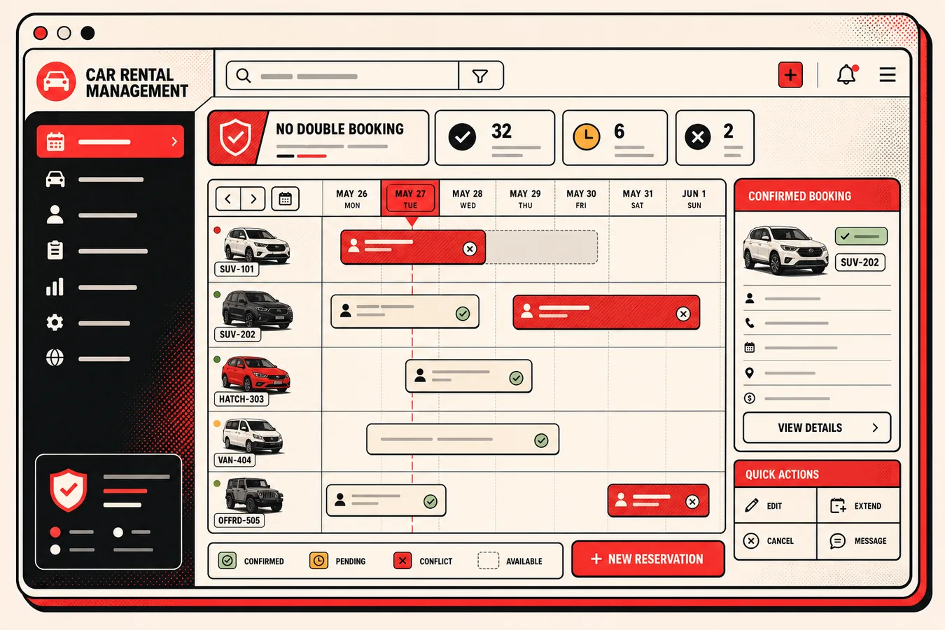 Booking management dashboard with no double booking controls