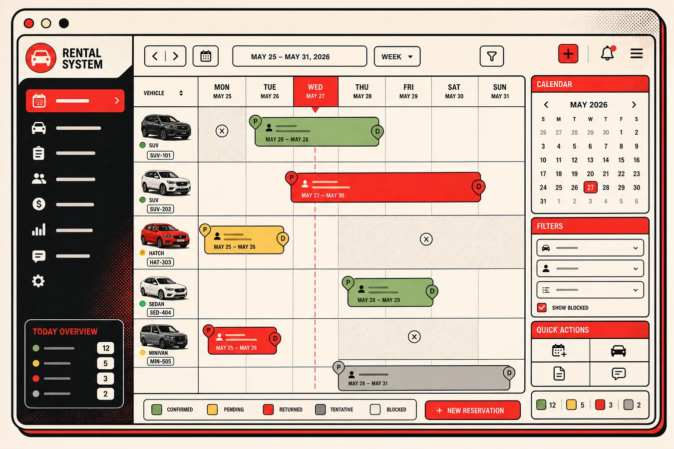 Car rental calendar scheduling mockup