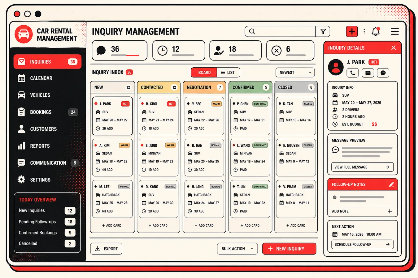 Car rental inquiry management mockup