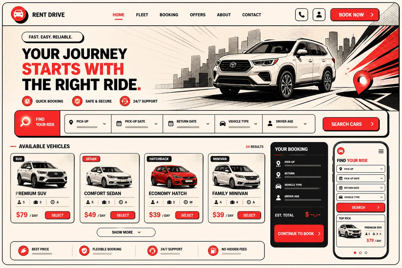 Quick search booking flow mockup